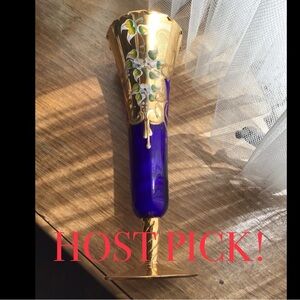 ANTIQUE VENETIAN COBALT ART GLASS HANDPAINTED VASE 24K GOLD RAISED ENAMEL FLORAL